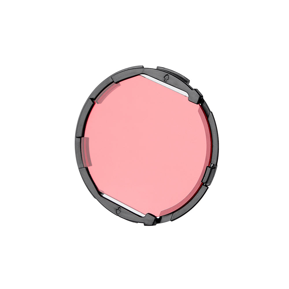 DIVEVOLK Internal Red Filter — close-up of round red filter disc with alignment tabs on the outer frame for snap-in mounting.