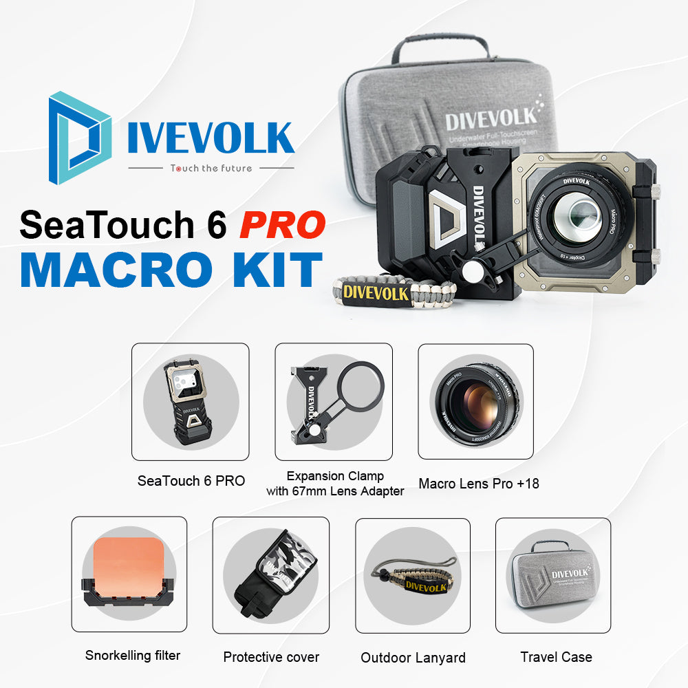 DIVEVOLK SeaTouch 6 PRO Macro Kit complete set — includes SeaTouch 6 PRO housing, Expansion Clamp with 67mm Lens Adapter, Macro Lens Pro +18, Snorkelling Filter, Protective Cover, Outdoor Lanyard, and Travel Case.