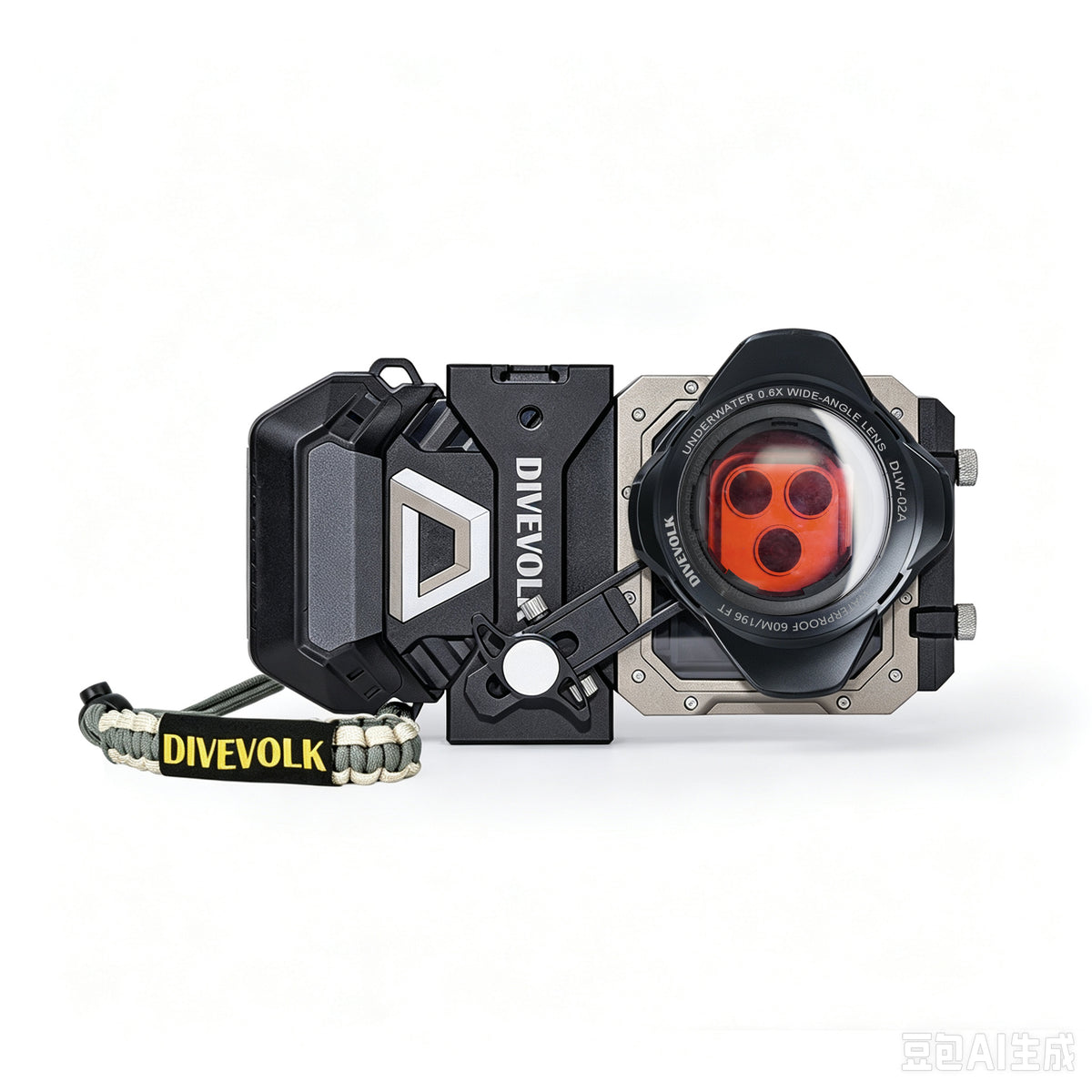 DIVEVOLK SeaTouch 6 PRO Ocean Kit — housing with Underwater Wide-angle Lens DLW-02A and Deep Dive Red Filter mounted, expansion clamp with outdoor lanyard attached, white background product shot.