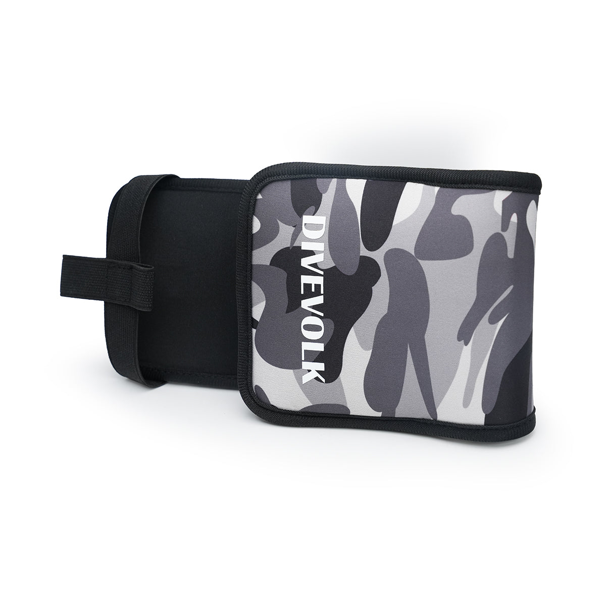 DIVEVOLK camouflage protective cover for SeaTouch 6 PRO — side view showing grey camo neoprene sleeve with velcro strap closure.