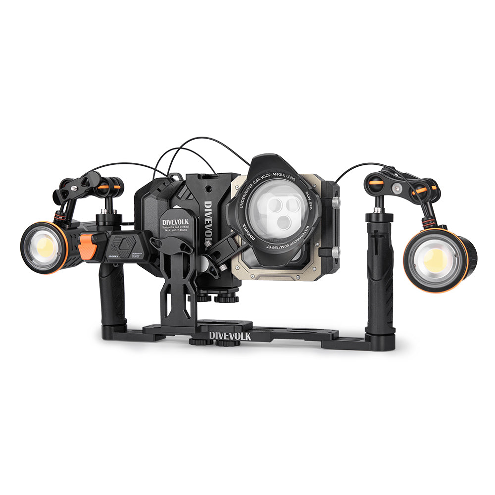 DIVEVOLK Quick-Switch Mount with SeaTouch 6 PRO housing, DLW-02A wide-angle lens and dual SL50 video lights in vertical shooting setup, white background.