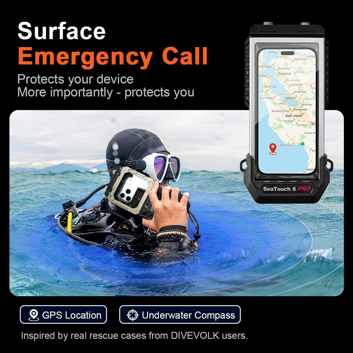 Surfaced diver using DIVEVOLK SeaTouch 6 Pro for emergency GPS location call, highlighting surface safety feature inspired by real rescue cases.