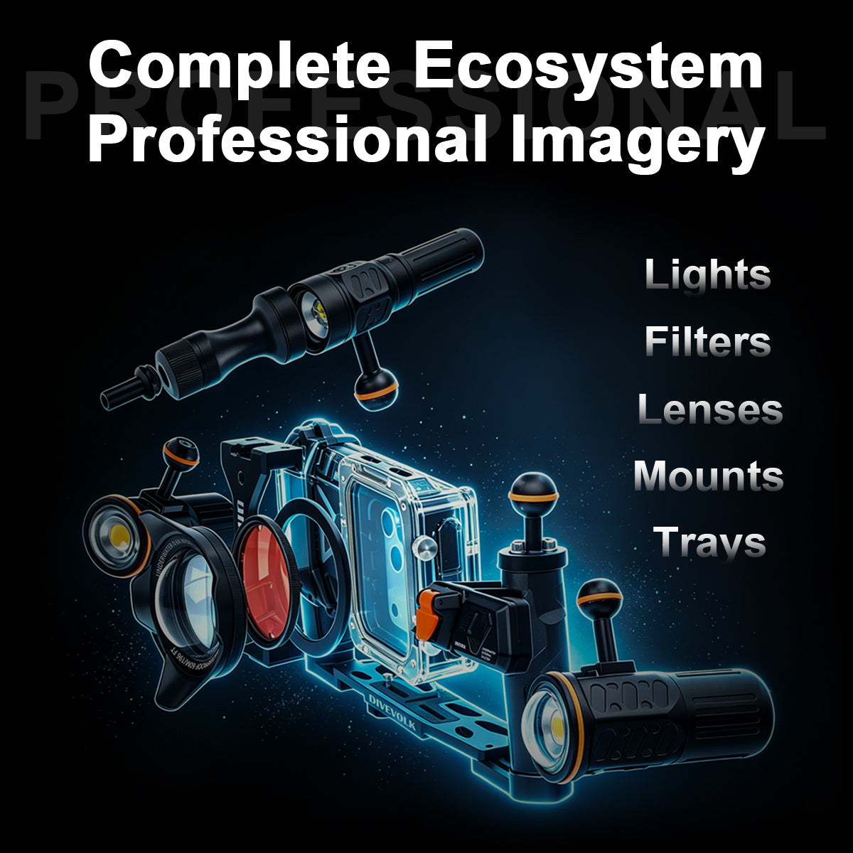 DIVEVOLK complete underwater photography ecosystem exploded view showing modular accessories including dive lights, filters, lenses, mounts, and trays around the SeaTouch housing.