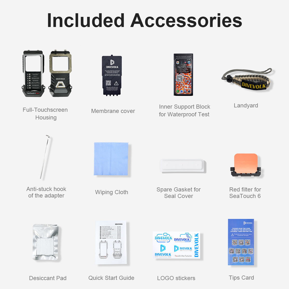 SeaTouch 6 Pro included accessories overview showing housing, membrane cover, waterproof test block, lanyard, adapter hook, wiping cloth, spare gasket, red filter, desiccant pad, quick start guide, logo stickers, and tips card.