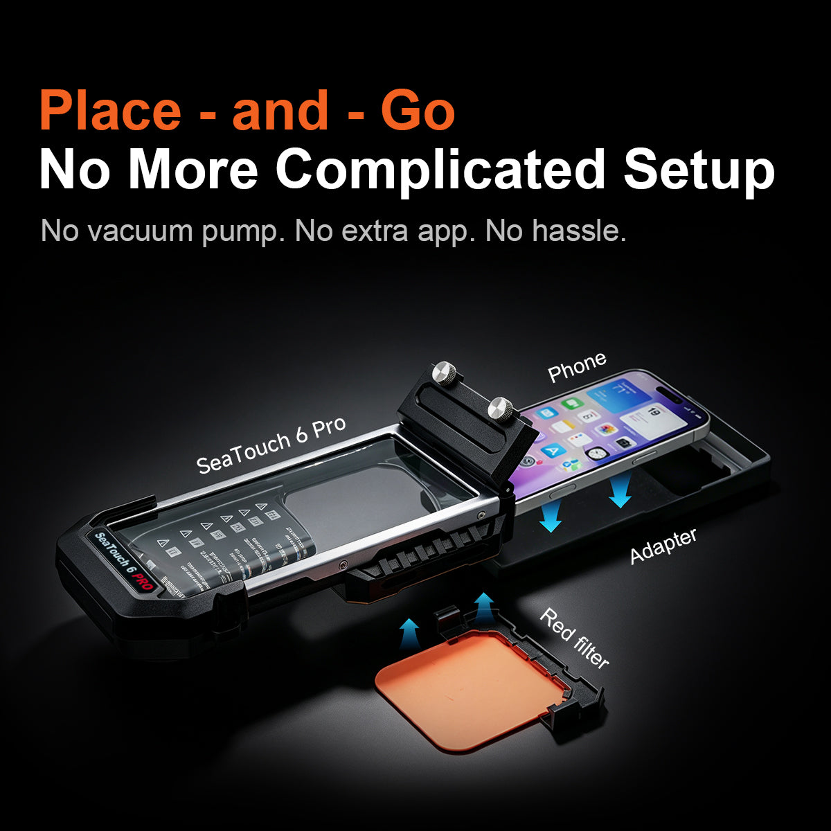 DIVEVOLK SeaTouch 6 Pro simple three-step setup showing the housing, phone adapter, and red filter with text "Place-and-Go — No More Complicated Setup.