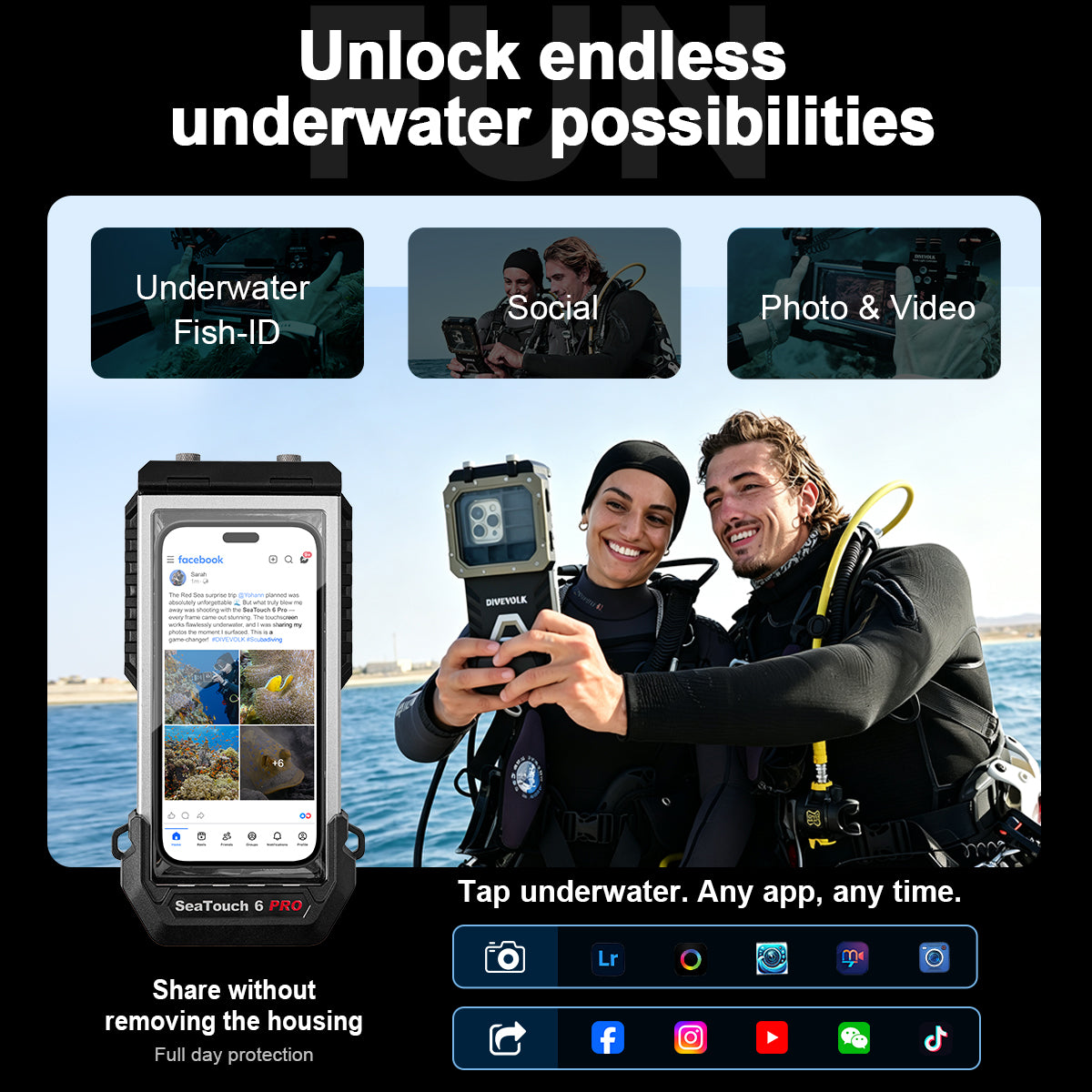 Two divers taking a selfie with DIVEVOLK SeaTouch 6 Pro, showcasing underwater social sharing, fish identification, and photo/video capabilities with full touchscreen access for any app.