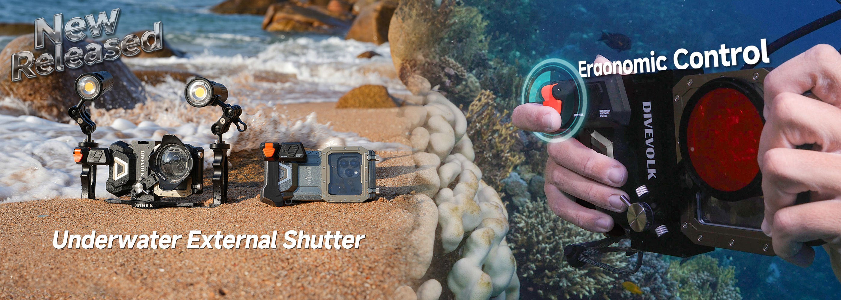 Underwater camera equipment with DIVEVOLK Ergonomic Control external shutter, on land and underwater remote control trigger