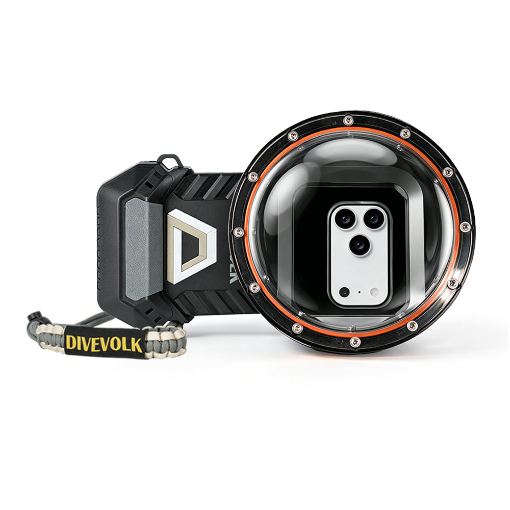 DIVEVOLK SeaTouch 6 PRO Water Sports Kit — housing with large Dome Lens featuring orange ring and bolted flange, outdoor lanyard attached, white background product shot.