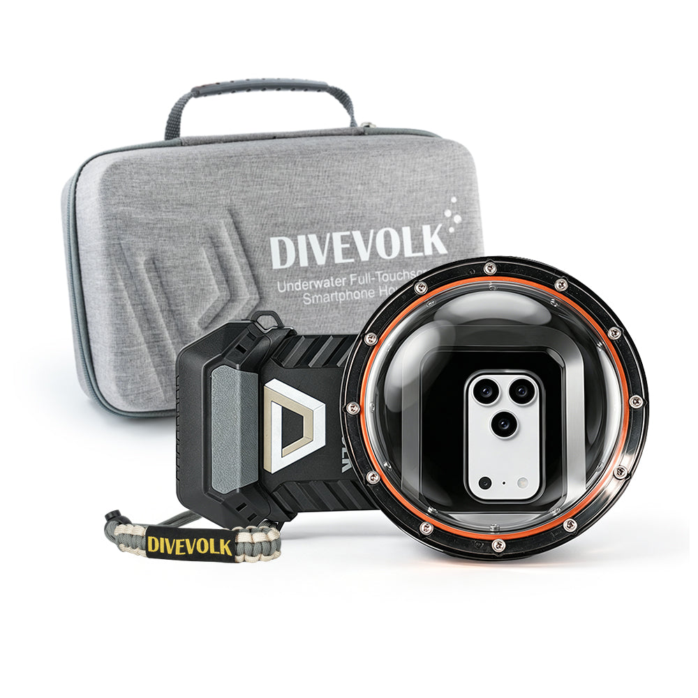 DIVEVOLK SeaTouch 6 PRO Water Sports Kit with branded travel case — housing with Dome Lens mounted, DIVEVOLK grey travel case in background, outdoor lanyard attached.