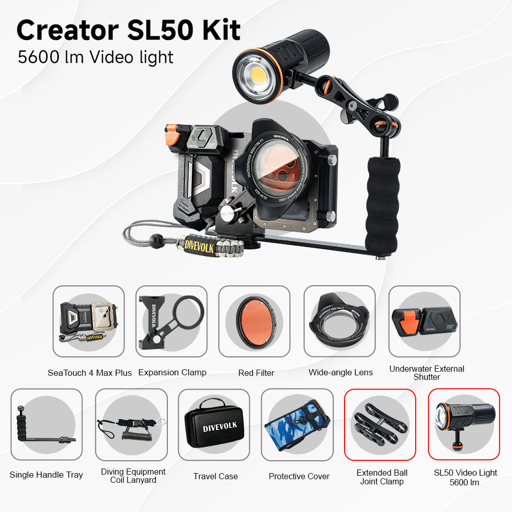 SeaTouch 4 Max Plus Creator SL50 Kit with underwater video light and dive photography accessories