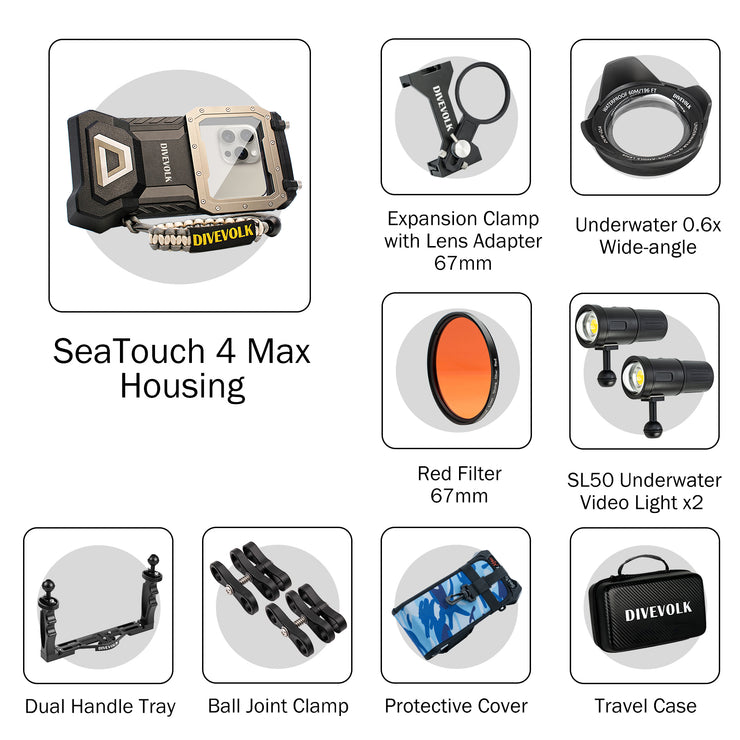 DIVEVOLK SeaTouch 4 MAX luce subacquea 5000 lumen Lente di conversione grandangolare X0.6 kit per iPhone 13 pro/12 pro max/13 pro max/14/14 PRO/14 PLUS/14 PRO MAX/15/15 PRO PLUS/15 PRO MAX