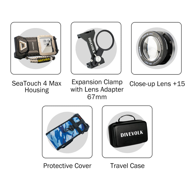 Kit DIVEVOLK SeaTouch 4 Max con lente Macro per iPhone 12/12 Pro/12 Pro Max/13/13 Pro/13 Pro Max/14/14 PLUS/14 Pro/14 Pro Max/15/15 Pro/15 Plus/15 Pro Max